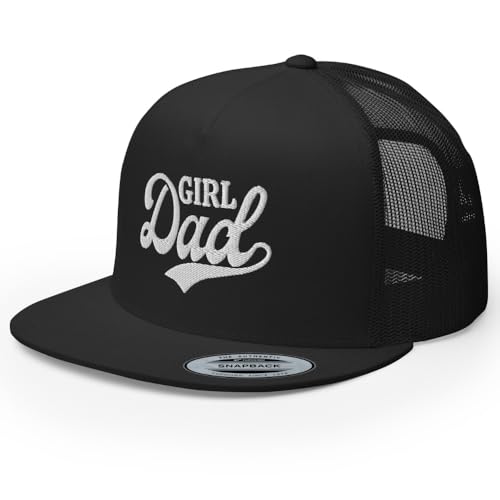 RIVEMUG NX Girl Dad Embroidered Flat Bill Trucker Hat High Crown Adjustable Cap Black
