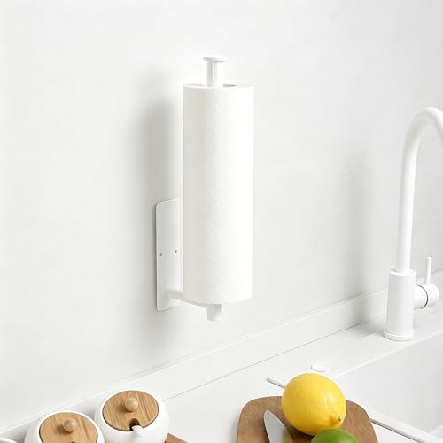Image of White Paper Towel Holder, Self Adhesive Paper Towel Roll Holder Under Cabinet, Stainless Steel Wall Mount Towel Paper Holder for Kitchen, Bathroom, RV