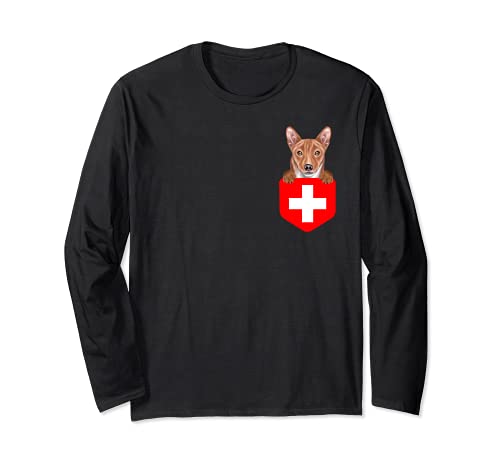 Switzerland Flag Basenji Dog In Pocket Long Sleeve T-Shirt, Black