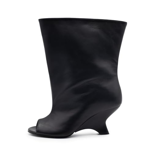 Goolita Summer Round Open Toe Wide Calf Ankle Boots For Women Fall Wedge Heels Pull On Slouchy Short Booties2