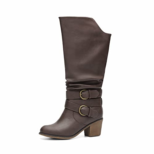 RELLSA Women's Wide Calf Knee High Boots Round Toe Slouchy Mid Chunky Block Heel Fashion Winter Shoes