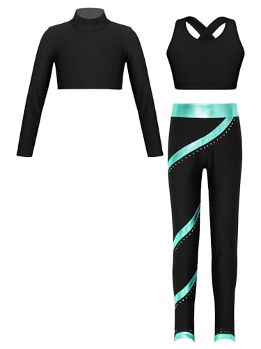 Doomiva - Doomiva 3 Pieces Ensemble Danse Moderne Jazz Fille Haut de Danse Débardeur Sport Yoga Jogger Legging Tenue Danse Enfant 5-16 Ans Noir&Bleu Vert 9-10 ans