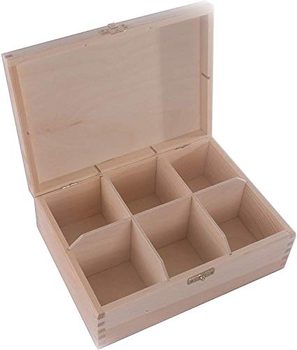Boîte en bois avec 6 sections et fermoir | 22,3 x 16,5 x 8 cm | Boîte de rangement pour accessoires de thé, couture, bijoux | Bois naturel non peint et non traité Cover