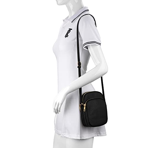 Linkidea Women Triple Zip Crossbody Bag, Small Cell Phone Purse for Ladies Teen Girls, Soft Vegan Leather Wallet Shoulder Handbag with Adjustable Strap, Black2
