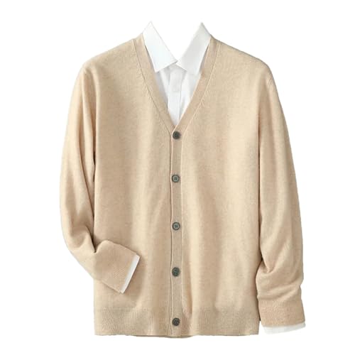 Men's V Neck Cardigan Sweater Single Breasted Loose Fitting Knitted Wool Sweater Tops Beige