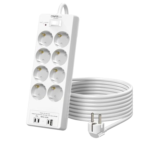 8-Fach Steckdosenleiste mit USB Schnellladung (max.32W), 4000W, Wandmontage, EIN-/Ausschalter, 2m Kabel – für Smartphone, Laptop, Tablet, Schreibtisch