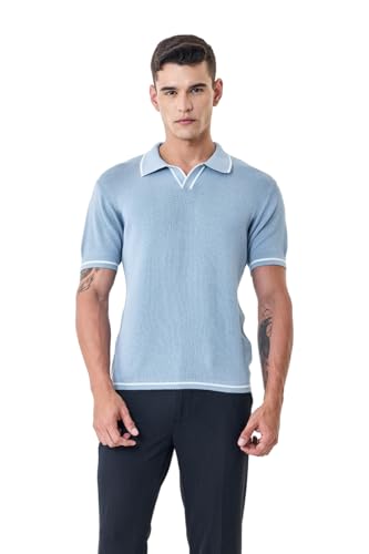 Image of SNITCH Men Polo T-Shirt | Textured Knit V-Neck with Tipping, Pullover Half Sleeve | 100% Cotton Breathable Luxe Knit Resort Wear Casual Top
