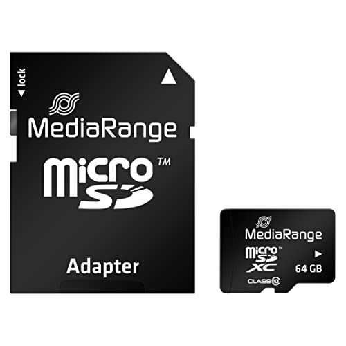 MediaRange Micro SDXC Memory Card with SD Adapter 64 GB - Speed Class 10, Read Speed up to 60 MB/s, External Data Storage for Mobile Devices such as Digital Cameras or Smartphones