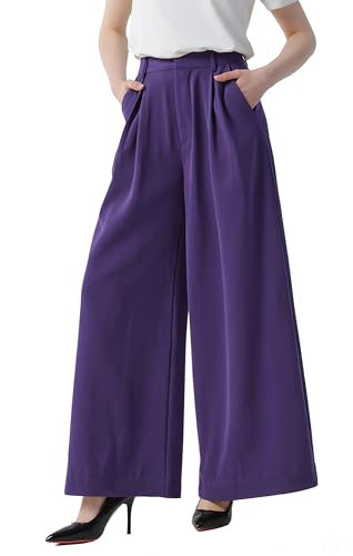 Tronjori Women High Waist Casual Wide Leg Long Palazzo Pants Trousers Regular Size(XL Grape Purple)