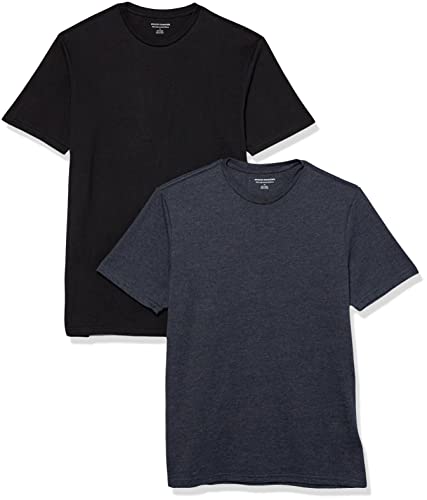 Amazon Essentials T-shirt en Coton à Col Rond à Manches Courtes, Coupe Classique Homme, Lot de 2, Bleu Marine Chiné/Noir, M