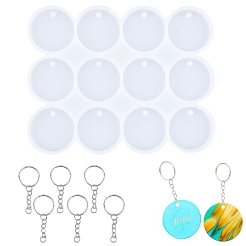 HJJMN 12 Piezas Redonda Moldes de Resina para Llaveros, Diseño Innovador Moldes Silicona Colgantes, Suave Flexible Moldes de Resina Epoxi con 12 Llavero, para Adornos Decoración del Hogar