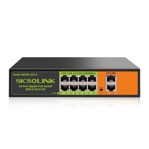 Gigabit Ethernet Network PoE Switch, 8 PoE Ports @120W with 2 Uplink Ports, Support 802.3af/at, Unmanaged, VLAN, for PoE Security Camera, AP (10 Gigabit Ports I 8*PoE+ 2*Uplink)