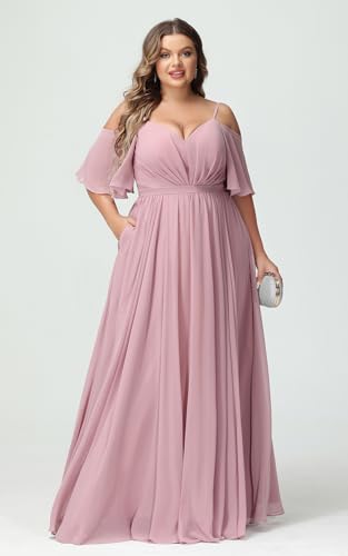 Elegant Women Plus Size Bridesmaid Dresses 2025 with Slit Cold Shoulder Chiffon Formal Party Dresses with Pockets RO0203