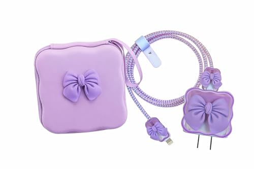 Image of CERLINK Charger Protector Combo Set for iPhone 18W /20W with Cute Protective Cover & Zipper Storage Pouch | Stylish Charging Accessory Gift Set (Purple Bow)