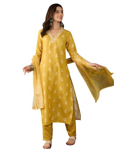 Image of Naixa Women's Rayon Embroidered Straight Kurta with Pant and Dupatta Sets (NX-780)