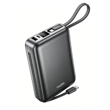 Basike Carregador Portátil, Power Bank 20000mAh com Cabos Integrados, Carregamento Rápido 22.5W(MAX), Compacto, Led Indicador de Bateria para iPhone/Samsung/Huawei/Xiaomi (Cinza)