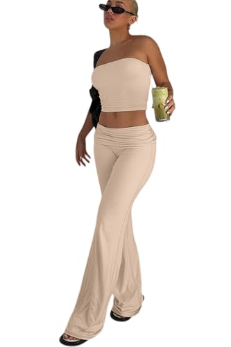 Image of Sexy Women's 2 Piece Lounge Sets Pajama Outfits Casual yoga Crop tube Top High Waist Wide Leg Foldover Flare Pants