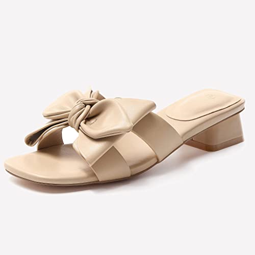 Womens Bow Dressy Low Heel Sandals Slides Summer Chunky Block Heeled Open Toe Mules Slip on Slippers Shoes4