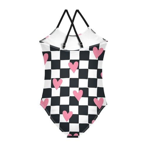 Image of Black and White Chess Girls One Piece Swimsuits Board Marble Tile Sport Halter Swimwear Beach Bathing Suit 3T