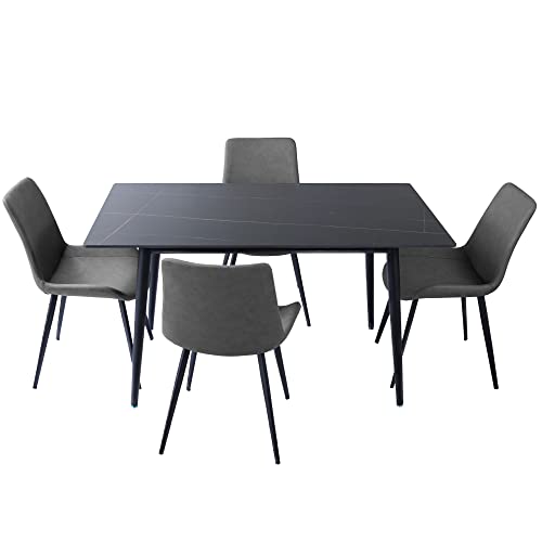 5 Piece Dining Table Set, Dining Chairs Set of 4, Modern Kitchen Table Set Top with Slate Stone, Metal Base & Legs, Dining Room Table and Leather Chairs (Grey,1 Table with 4 Chairs)