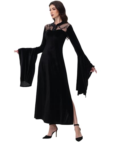 Long Flare Sleeve Dress Lace Cutout Black Split Goth Vintage Dress Clothes XS-2XL3
