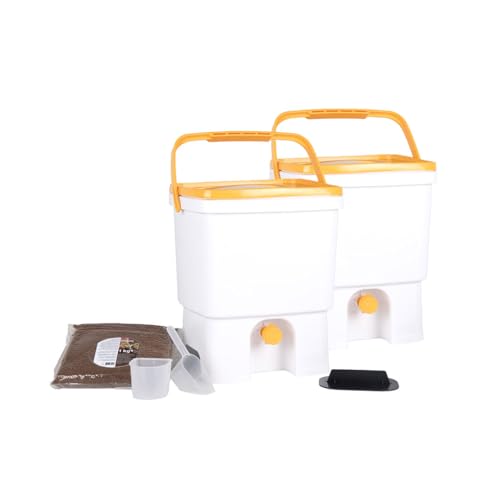 Skaza Bokashi Organko Set (2 x 16 Liter) Küche und Garten Bio Mülleimer - 2X Recyceltem Kunststoff Komposteimer Starterset + inkl. 1 Kg EM Fermentieren Aktivator (Weiß-Gelb)