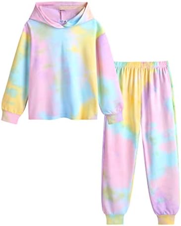 Flypigs Tie Dye Sweatsuit for Girls Two Piece Joggers Set Cute Pullover Long Sleeve Sweatshirt and Sweatpants with Elastic Waistband Medium