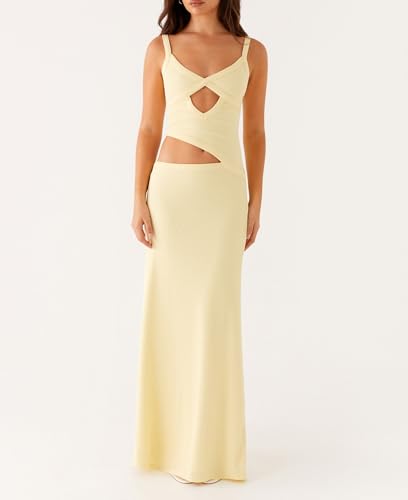 Image of NUFIWI Women Sexy Cutout Long Dress Spaghetti Strap Ruched Bodycon Maxi Dress Backless Hollow Cocktail Dresses