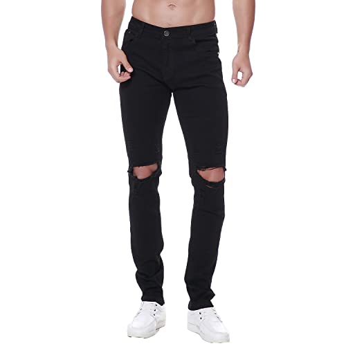 Previn Men's Ripped Denim Jeans Distressed Slim Trousers Destroy Holes Stretch Biker Pants