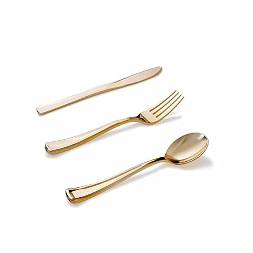 Metalliserat plastbestick 30 delar innehåller 10 gafflar, 10 skedar, 10 knivar - Återanvändbart bestick av plast för fester och grundläggande vardagsbord (#10, guld)