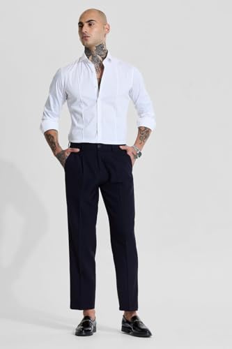 Image of SNITCH Men Formal Trousers | Regular Fit Pleated Front with Turned-Up Hem | Polyester Blend & Medium Stretch Fabric for Office & Winter Wear