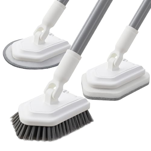 Mitclear 3 en 1 Cepillo de Limpieza Ducha con Mango Telescópico(135cm), Limpiador de Azulejos Baño Largo, Mopa con Cepillo, Esponja & Microfibra para Limpiar Ducha Azulejos Baño Cocina Pared y Suelo