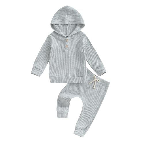 Image of fhutpw Baby Girl Boy Clothes Long Sleeve Knitted Cotton Hoodie & Pants Sets Infant 3 6 12 18 Months Fall Winter Outfits