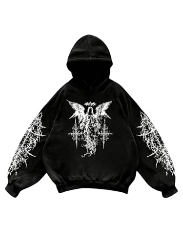 Verdusa Men's Y2k Gothic Graphic Hoodie Sweatshirt Drop Shoulder Streetwear Pullover Tops