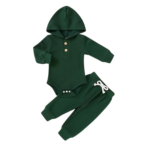 Image of YOUNGER TREE Newborn Baby Boy Girl Clothes Hooded Long Sleeve Romper Pants Set Solid Ribbed Infant Fall Winter Outfits