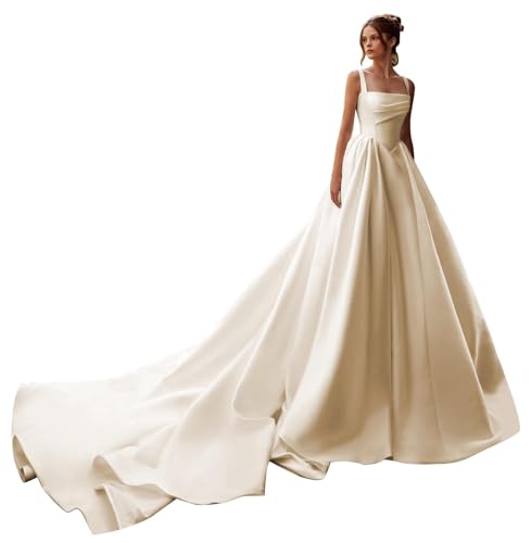 xhezrpu Satin Wedding Dresses for Bride A-Line Square Neckline Wide