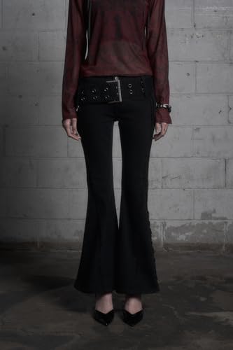 London PARFUMS Archive Big Buckle Flare Jeans, Slim Flared Denim with Distressed Cutout & Cat Wash Finish4