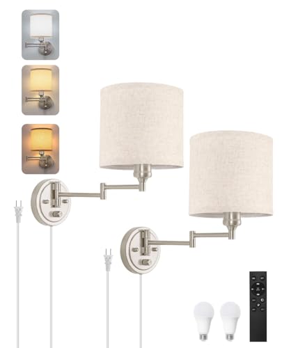 Image of Plug in Wall Sconces with Remote Control, Dimming & Adjustable Colors 2700K-6500K, Hardwire or Plug-in, Swing Arm Wall Lamp with Linen Fabric Shade, Wall Sconces Set of Two, Brushed Nickel Finish