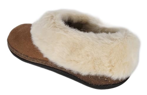 Clarks Womens Slipper Suede Leather Plain Toe - Plush Faux Fur Collar/Lined With A Cork Midsole - Open Back Indoor Outdoor House Slippers For Women (Cognac US 94
