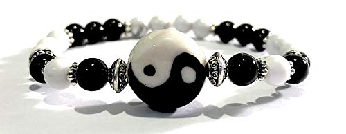 Handmade Yin Yang, Black Tourmaline and Howlite Healing Bracelet 7 Inches