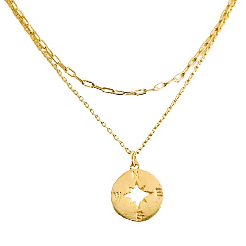 pre- layered necklace: COMPASS; gold plated chain and charm (everyday, DAINTY, delicate, simple, classic)