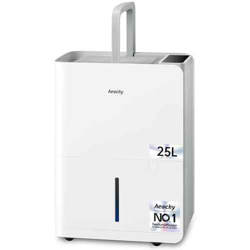AEOCKY Deshumidificador Max 25L, Tamaño de la habitación aprox. 200 m³ (50 m²), deshumidificador inteligente con compresor y manguera de drenaje, ideal para secar la ropa, dormitorio, baño y sótano