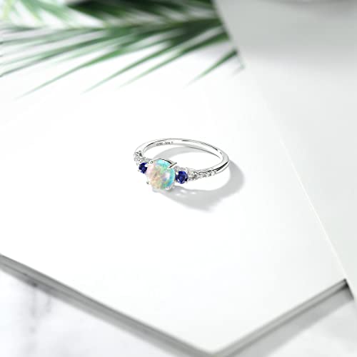 Gem Stone King 10K White Gold White Simulated Opal Blue Created Sapphire and Diamond Accent 3-Stone Engagement Ring For Women (0.51 Cttw, Round Cabochon 6MM, Gemstone October Birthstone)4