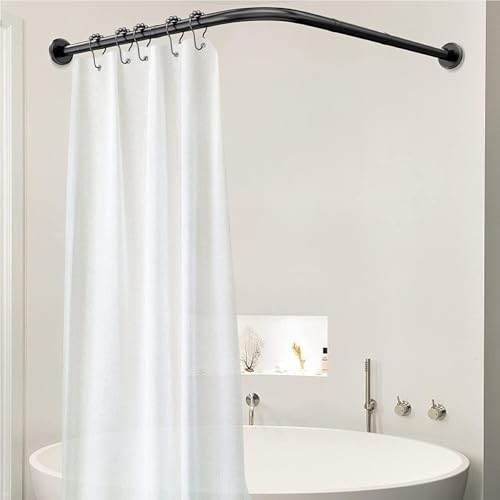 Barra telescópica para cortina de ducha en forma de L, acero inoxidable extensible, sin flacidez, sin taladrar, diseño de esquina curvada, ajustable, 108-138 cm x 108-138 cm, color negro
