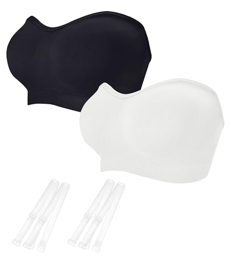 Strapless Bras for Women - Seamless Non-Slip Wireless Pad Bralette Clear Straps Tube Top Summer Bandeau Bra Pack