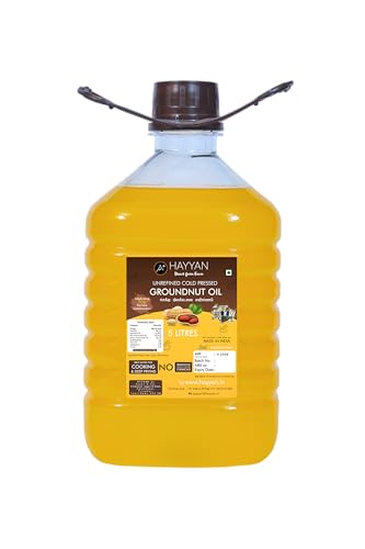 HAYYAN 100% Pure Unrefined Cold/Wood Pressed Virgin Groundnut Peanut Oil 5 Liter - for Cooking (Chekku/Kacchi Ghani)