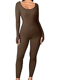 OQQ Women's Yoga One Piece Ribbed Workout Long Sleeve Exercise JumpSuit Romper, Coffee, Small