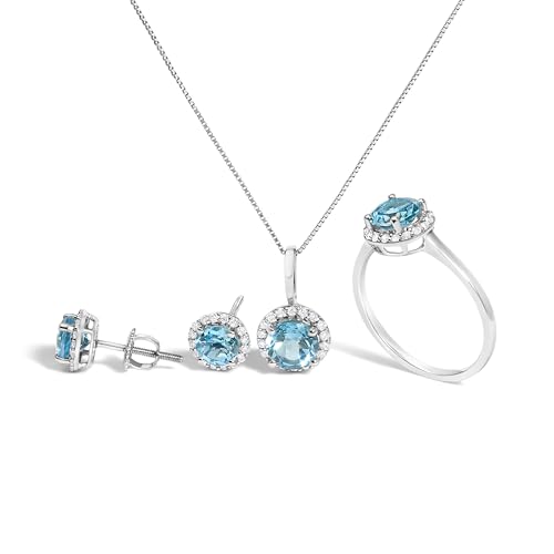 Haus of Brilliance 10K White Gold Blue Topaz and 3/8 Cttw Diamond Halo Jewelry Set (Earrings, Pendant & Ring) - Ring Size 6.5