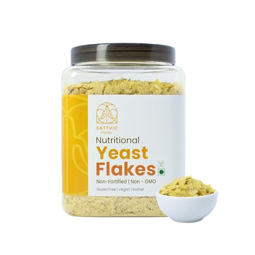 Image of Sattvic Foods Nutritional Yeast Flakes (350 g) Rich in Fibre & B Vitamins, Vegan, Cheesy flavour | Non-Fortified, Non-GMO, Gluten-Free Superfood | Sprinkle on Salads, Popcorn, Pasta and Pesto