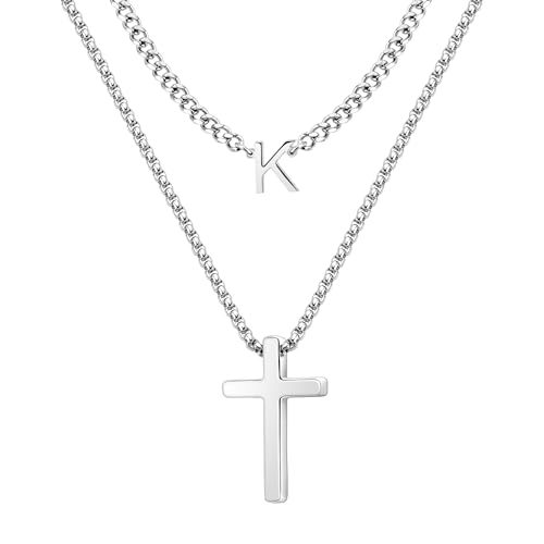 Easter Gifts Cross Necklace for Men Boy Initial Cross Chain Pendant Necklace Religious Gifts Christian Jewelry Gift for Men Boy